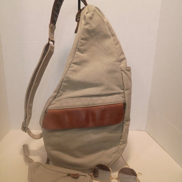 LL BEAN AMERIBAG Traveler LG Ergo Sling Pack Tan Canvas Brown Leather w Mini Bag - Picture 1 of 10
